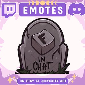May include: A cartoon illustration of a tombstone with the letter "F" on it and the words "In Chat" written below. The tombstone is surrounded by green grass. The image is in a purple and white color scheme.