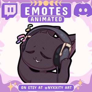 アニメーション化された黒猫の音楽 Twitch エモート | ストリーマー YouTube および Discord 向けのかわいい黒猫エモート | あらゆるストリーム コミュニティに最適な猫エモート