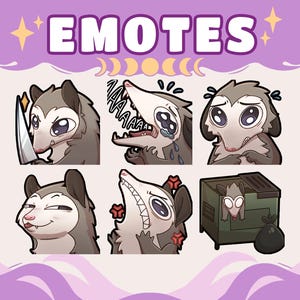 May include: A collection of opossum emotes with various expressions, including holding a knife, crying, and looking angry. The word "EMOTES" is displayed in white text on a purple background, with star and moon graphics.