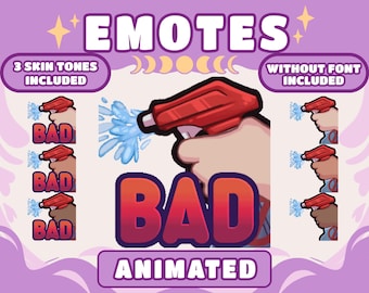 May include: Digital artwork with the word "EMOTES" in white. A red and orange "BAD" graphic is central, with a hand spraying blue water from a red bottle. Text states "3 SKIN TONES INCLUDED" and "WITHOUT FONT INCLUDED".
