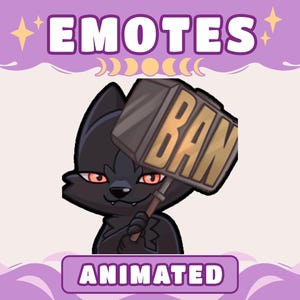 May include: Animated digital art of a black cat-like character with red eyes holding a hammer that says "BAN" in gold letters. The image has a purple border with the words "EMOTES" and "ANIMATED".