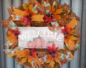 Fall Welcome Wreath: Deco Mesh, Pumpkin Sign, Autumn Decor