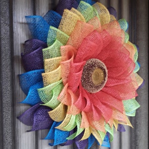 Rainbow Wreath, Rainbow Flower Wreath, Rainbow Sunflower Wreath, Poly Burlap Wreath, Front Door, Spring Wreath, Rainbow Pride, Summer Wreath