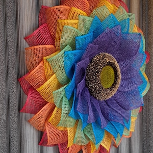 Rainbow Wreath, Rainbow Sunflower Wreath, Rainbow Flower Wreath, Poly Burlap Wreath, Front Door Wreath, Rainbow Pride, Everyday Wreath, Gift