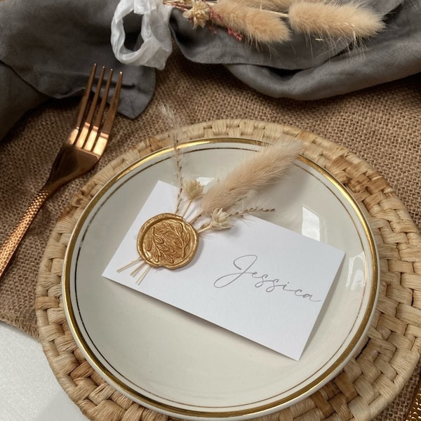 Boho Dried Flower Place Settings - Gold and Floral Wedding Table Cards - Neutral Wax Seal Wedding Bunny Tails Pampas