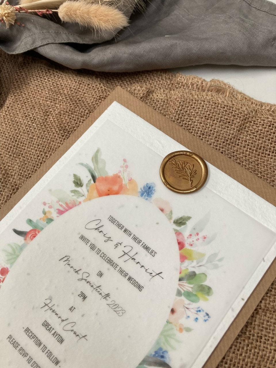 Plantable Floral Wedding Invitation Vellum and Luxury Wax Seal Eco