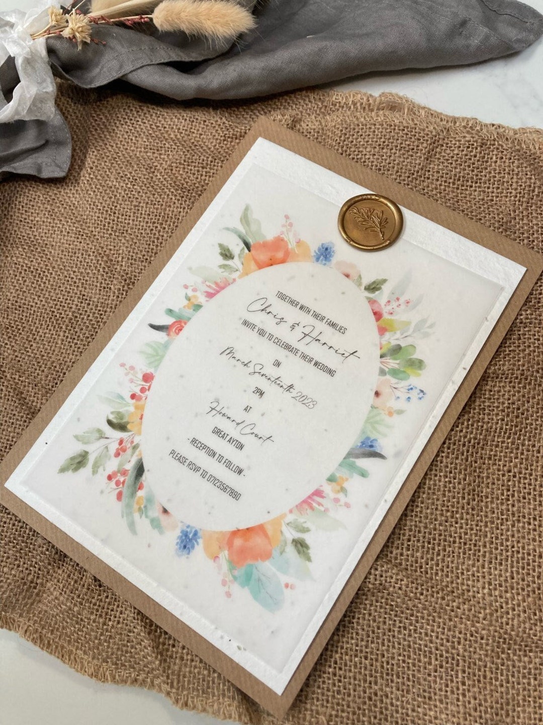 Plantable Floral Wedding Invitation Vellum and Luxury Wax Seal Eco
