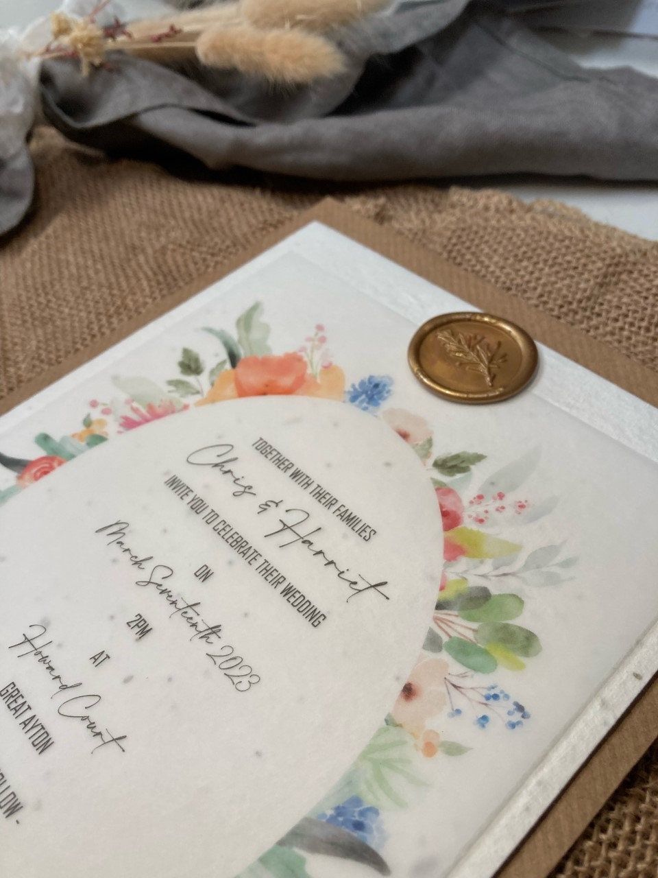 Plantable Floral Wedding Invitation Vellum and Luxury Wax Seal Eco