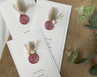 Boho Dried Flower Save the Dates - Personalised Wax Seal - Rustic Wedding Stationery