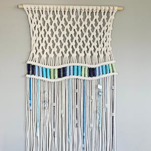 Tropical Macrame Wall Hanging: Ocean Blue Home Decor (20x36)