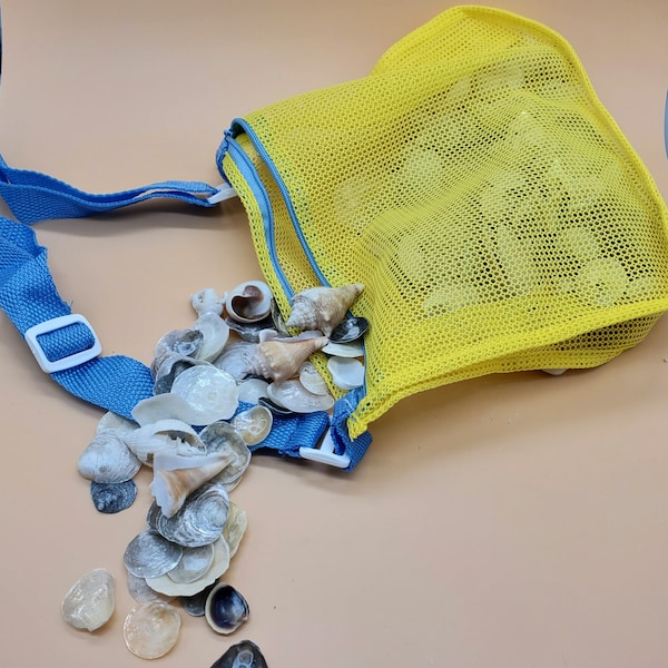 Shell Collecting Bag Colorful Mesh Seashell Bags with Zipper Adjustable Straps Beach Sand Toy Totes for Child Adult Beach Mesh Bags