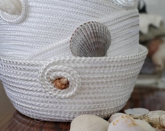 Seashell Basket for Storage Seashell Rope Basket Embroidered Seashell Coastal Theme Basket Housewarming Gift Round Rope Basket