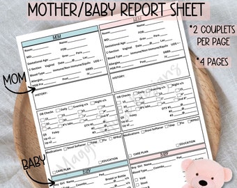 Mother Baby Nurse Report Sheet, Postpartum, Couplet Care (Digital Download)