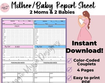 Mother Baby Nurse Report Sheet, 2 Couplets (Digital PDF)
