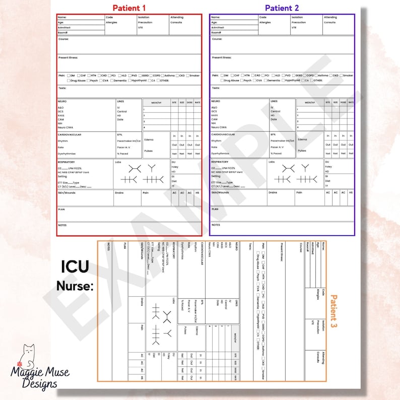 3-patient ICU Nurse Report Sheet, Color-coded Brain (PDF Pattern) - Etsy