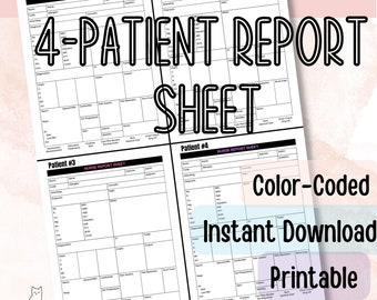 May include: Printable 4-patient nurse report sheet with color-coded sections. The sheet includes sections for room number, name, allergies, diagnosis, vital signs, medications, and more.