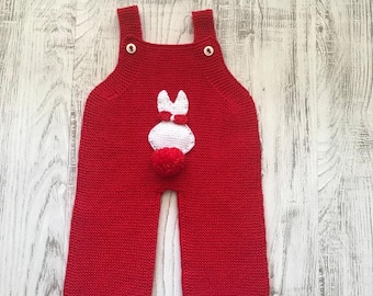 Hand Knit Salopet Baby Rompers,Rabbit Embroidered Jumpsuit,Baby Clothes,%100 Cotton,Red Clothing