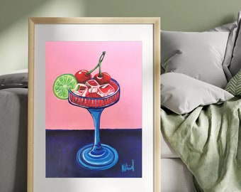 A4 schilderij van een kersen- en limoencocktail