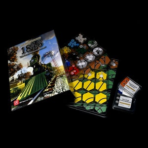 May include: A board game called "1846: The Race for the Midwest" with a green and brown train on the box cover. The game includes a variety of colored tokens, cards, and a game board with hexagonal tiles.