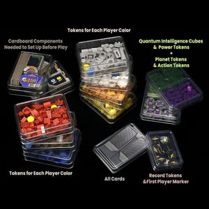 May include: Board game components in clear plastic containers, including tokens, cards, and cardboard pieces. Text on the image includes "Tokens for Each Player Color," "Cardboard Components," and "All Cards."