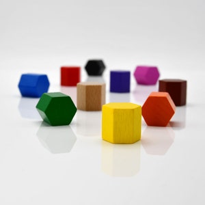 Op de afbeelding: Een set van tien geometrische houten vormen in verschillende kleuren, waaronder rood, blauw, groen, geel, oranje, bruin, roze en zwart. De vormen zijn in een cirkel op een wit oppervlak gerangschikt.