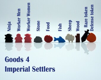 Imperial Settlers tokens: Worker/Stone/Food/Fish/Sheep/Wood/Raze/Defense/Ninja WOODEN TOKENS