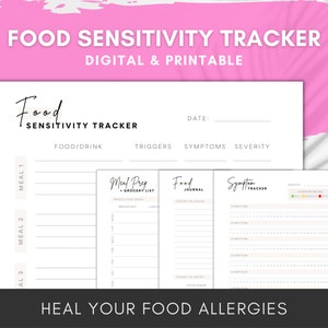 Puede incluir: Un rastreador de sensibilidad alimentaria imprimible en blanco con el título "Food Sensitivity Tracker" en escritura negra. El rastreador incluye secciones para alimentos/bebidas, desencadenantes, síntomas y gravedad. Las páginas adicionales incluyen una lista de compras de preparación de comidas, un diario de alimentos y un rastreador de síntomas. El texto "Heal Your Food Allergies" está en la parte inferior.