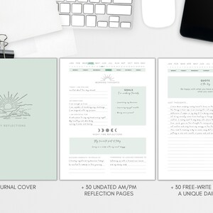 May include: A mint green journal with the words "Daily Reflections" and a sun graphic. The journal includes undated reflection pages and free-write pages with daily quotes. The journal is shown with a keyboard, phone, and coffee cup.