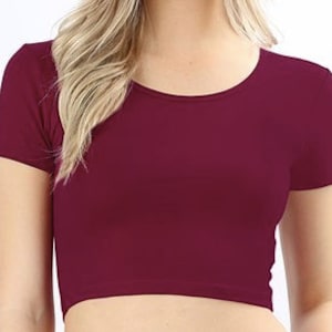 May include: A burgundy short-sleeved crop top.
