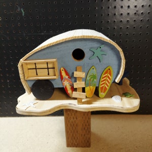 Surfer&#39;s Camping Trailer Western Red Cedar Birdhouse / Feeder - Easy cleanout on the back -ONE OF A KIND. Never make anything twice! (307)