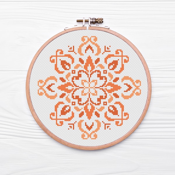 Orange Mandala Cross Stitch Pattern | Diwali Rangoli Cross Stitch Chart | Modern Cross Stitch | Beginner's Cross Stitch | PDF Download