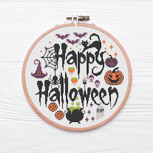 Happy Halloween Cross Stitch Pattern | Halloween Sampler | Modern Cross Stitch | Beginner&#39;s Cross Stitch | Embroidery Pattern | PDF Download