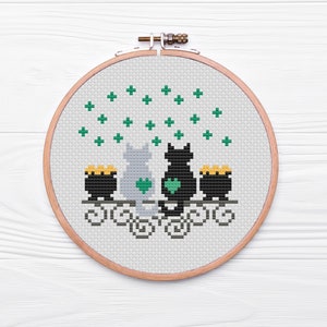 St. Patrick&#39;s Day Cats Cross Stitch Pattern | Modern Cross Stitch | Beginner Friendly Cross Stitch | Embroidery Pattern | PDF Download