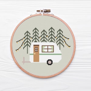 Caravan in the Woods Cross Stitch Pattern | Modern Cross Stitch | Beginner's Cross Stitch | Embroidery Pattern |