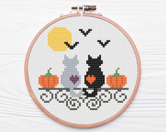 Wzór haftu krzyżykowego Halloween Cats | Nowoczesny haft krzyżykowy | Haft krzyżykowy dla początkujących | Wzór haftu | Pobierz plik PDF