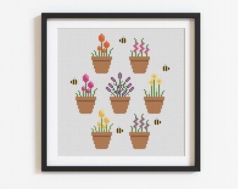 Garden Flower Pots Cross Stitch Pattern | Floral Cross Stitch | Modern Cross Stitch | Beginner's Cross Stitch | Embroidery Pattern | PDF