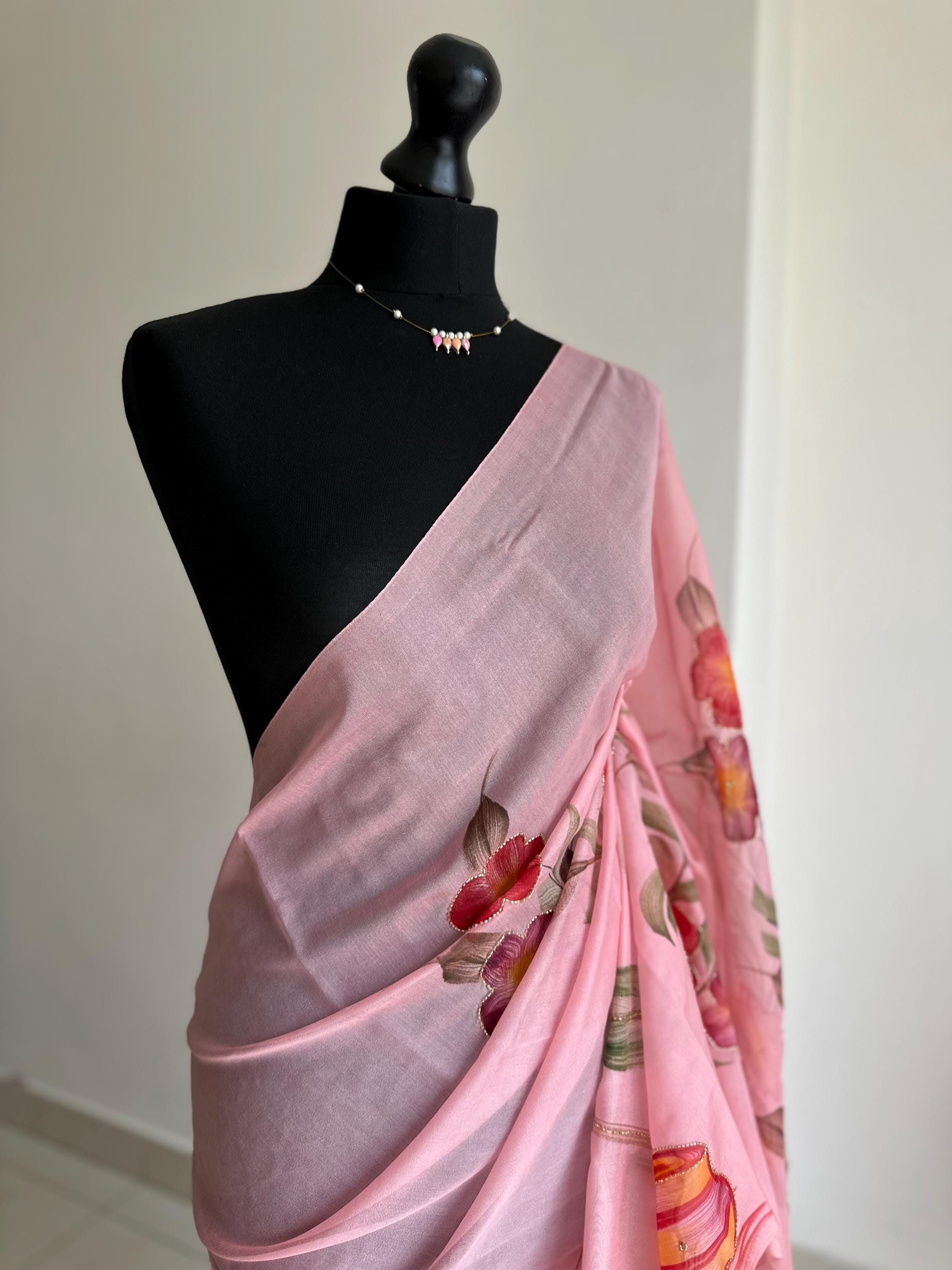 Hand-painted Pink Georgette Saree: Cutdana Stone Work, Wedding