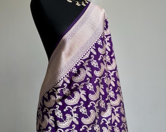 Lila Banarasi Seide Saree: Gold Zari Indische Hochzeit Braut Sari