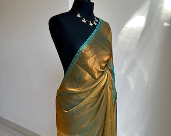 Olive Green Chiffon Saree: Teal Embroidered Border, Shimmering Party Sari