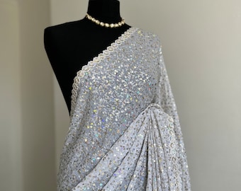 White Sequin Georgette Saree: Elegant Bridal Wedding Guest Wear