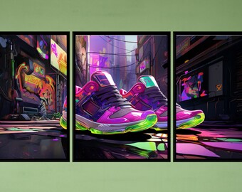 3 Panel Wall Art Sneakers - Graffiti Art Collage Print Set
