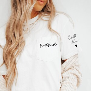 Mama Pocket shirt personalized kids baby name on sleeve Cursive font, Comfort Colors Mama Shirt, Pregnancy Reveal, Mom, Mother&#39;s Day Shirt