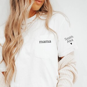 Mama Pocket shirt personalized kids baby name on sleeve custom, Comfort Colors Mama Shirt, Pregnancy Reveal, Mom, Mother&#39;s Day Shirt