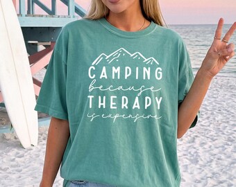 Comfort Colors Camping Therapy Shirt, Hiking Botanical Flower Vacation Lake Beach Nature Lover Shirt