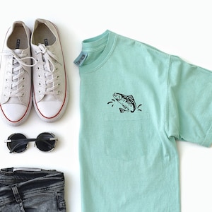 Peut inclure: Un t-shirt bleu clair avec un motif de poisson noir sur la poche. Le t-shirt est associé à un jean noir, des baskets blanches et des lunettes de soleil noires.