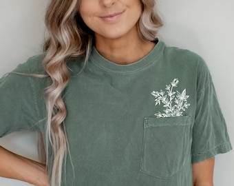 Flower Pocket Shirt, Flower Shirt, Floral Shirt, Floral Top, Yoga, Boho Shirt, Wildflower shirt, Wild Flower Pocket Shirt, Plant Graphic Tee