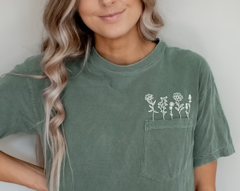 Wildflowers Comfort Colors Pocket TShirt, Floral Shirt, Botanical Shirt, Flower Shirt, Nature Lover Shirt, Plant shirts, Womens Graphic Tees