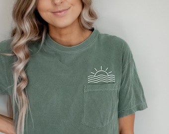 Comfort Colors Sun and Wave Pocket TShirt, Wave Shirt, Ocean Shirt, Nature Shirt, Sea Lover Shirt, Sun Beach shirts, Womens Graphic Tees