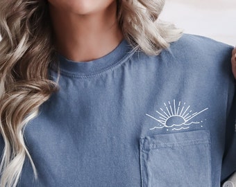Comfort Colors Sunset Vintage Pocket Shirt, Vacation Shirt, Beach Shirt, Retro Vacation Shirt, Beach Vibes, Hello Summer, Sunshine Shirt