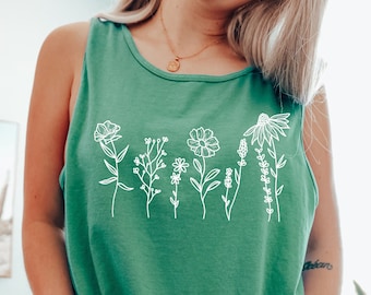 Comfort Colors Wildflowers Plant Graphic Tank, Botanical Flower Tank Top, Floral Shirt, Gift for Women Boho Wildflower Muscle Tee
